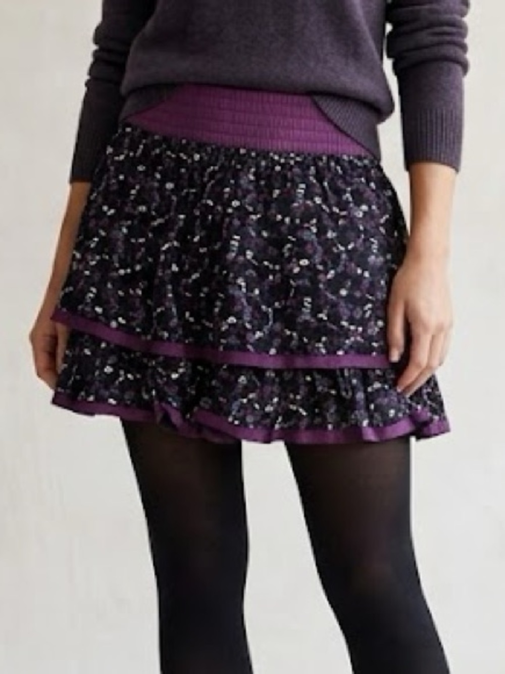 Anthropologie x Azel Hazel Hazel Purple Black Floral Layered Mini Skirt XS